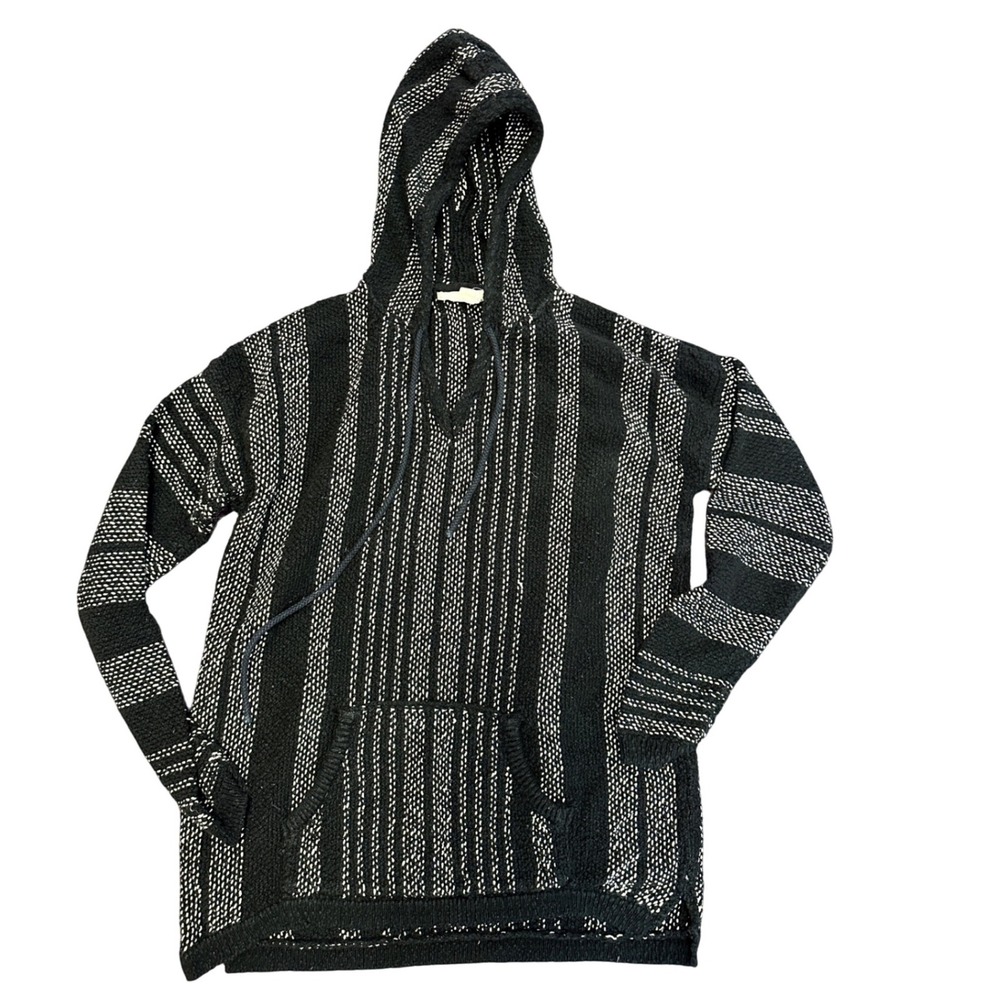 LoveStitch Small Baja Hoodie Black & White Striped Pullover Sweater Women's